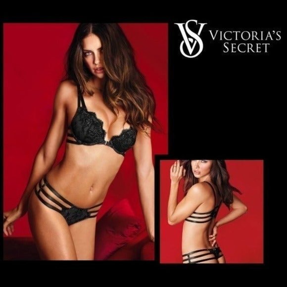 Victoria Secret Triple Strap Thong Strappy black Chantilly eyelash Lace XS - Picture 3 of 6